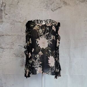 Lucky Brand Floral Black and Pink Blouse Long Flutter Sleeves Womens Size L